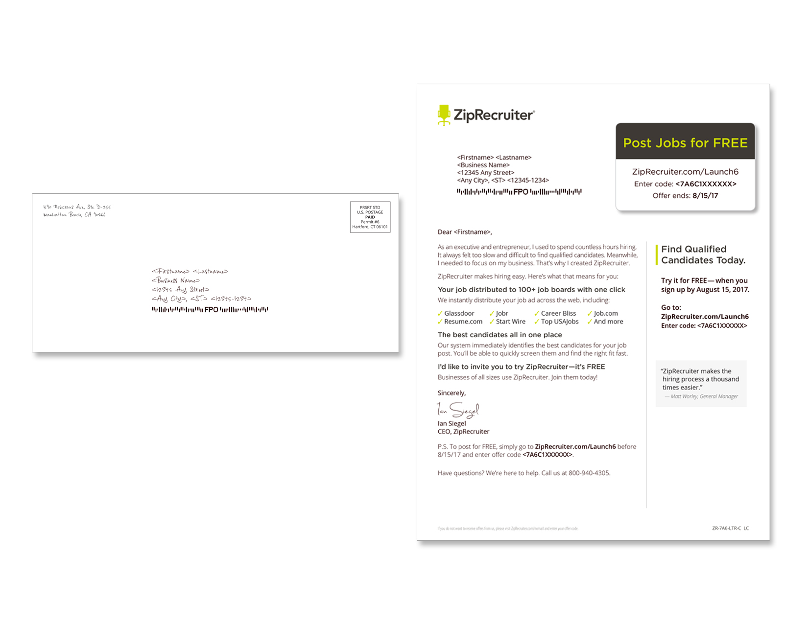 Gunderson Direct, ZipRecruiter Direct Mail Example